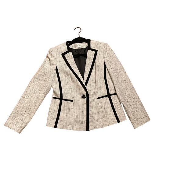 Kasper Tweed Blazer Jacket One Button Peak Lapel Black Trim Gray Womens Size 8 - Picture 3 of 8